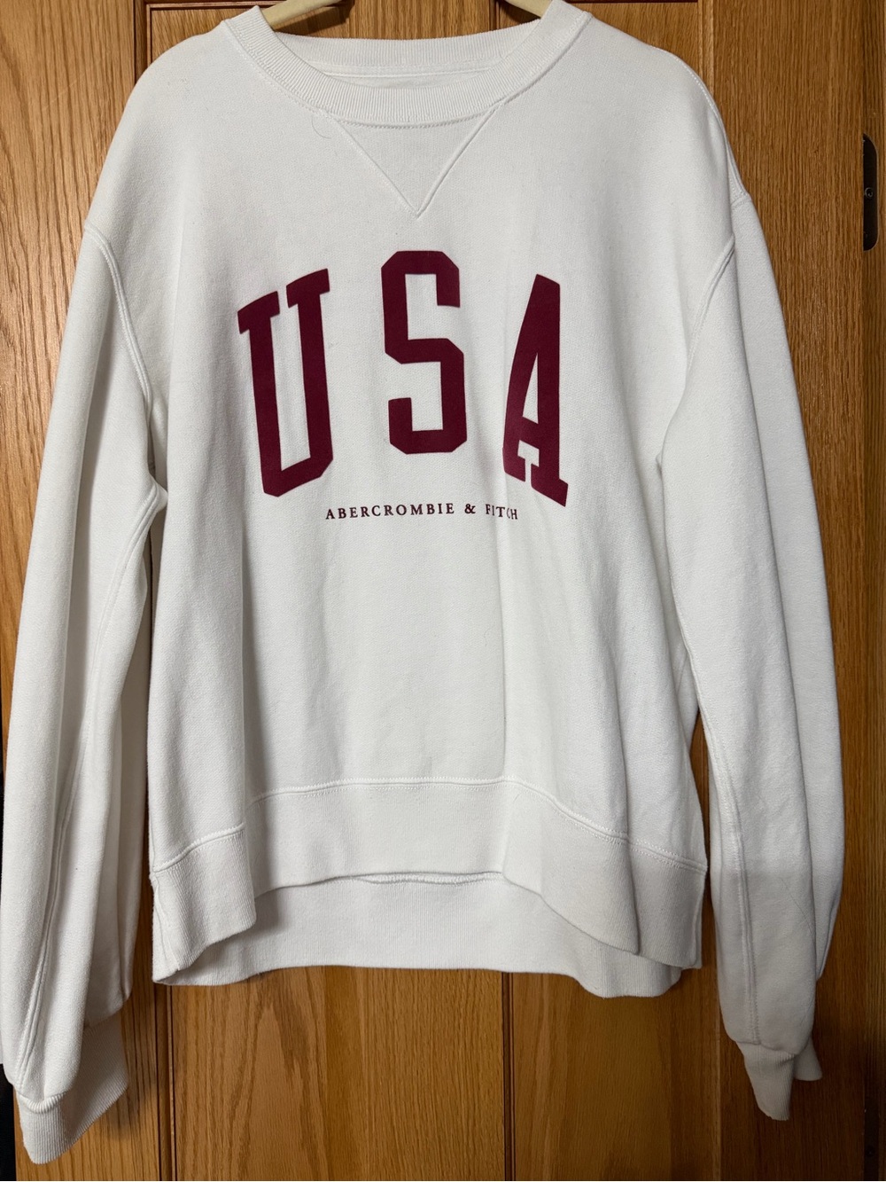 Abercrombie & Fitch White Crewneck Sweatshirt with Maroon USA Logo